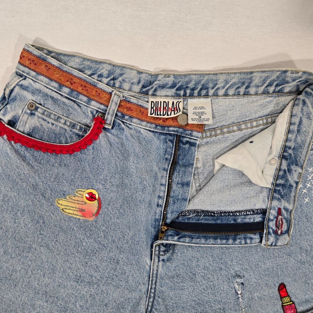 VINTAGE 90s UPCYCLE Handmade Patchwork Super Girly BOHO Baggy Capri Jean Size 12 - Picture 6 of 17